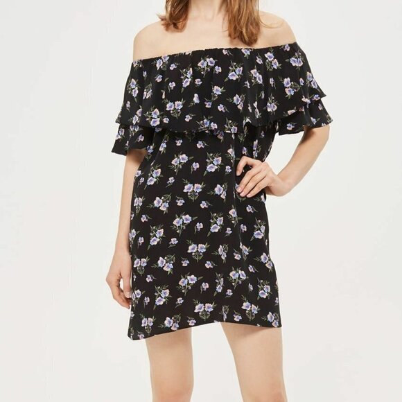 Topshop Dresses & Skirts - Topshop Floral Print Ruffled Bardot Mini Dress